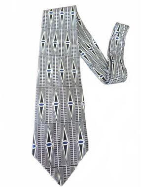 Zylos George Machado Men's Necktie Tie Silk Navy Blue Silver White Geometric